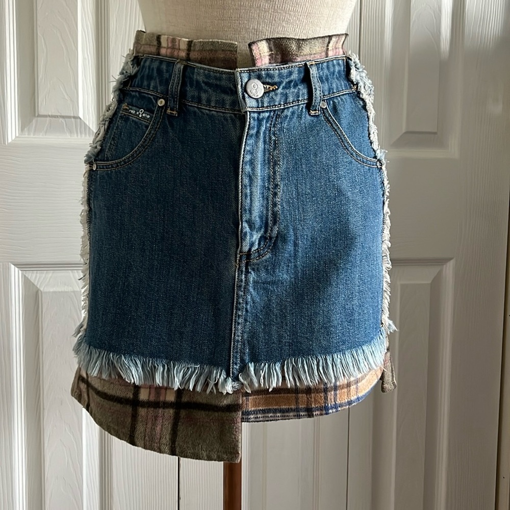 Insane Gene Patchwork Denim Fringe Mini Skirt New… - image 2